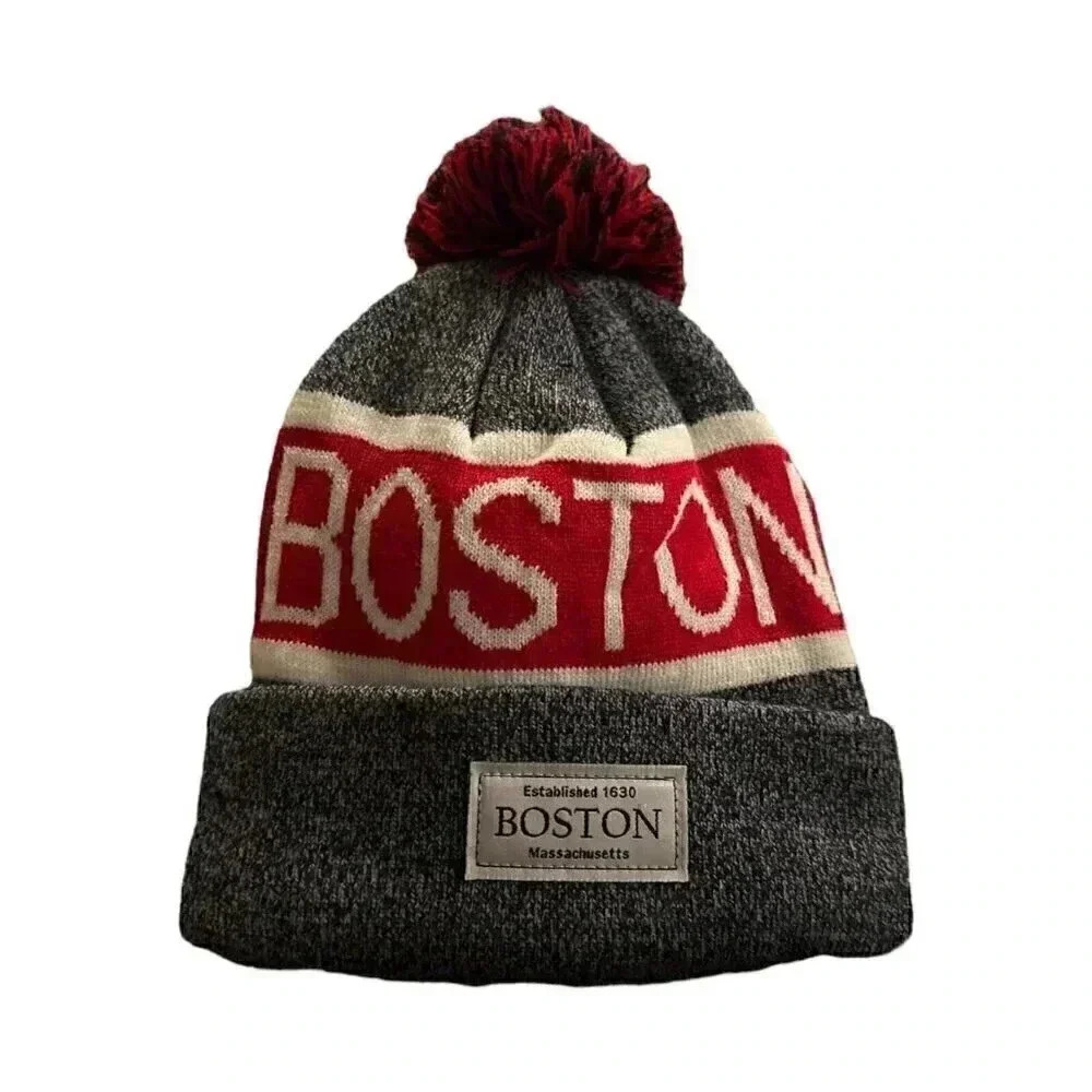 Boston MA beanie with top pom fleece lined